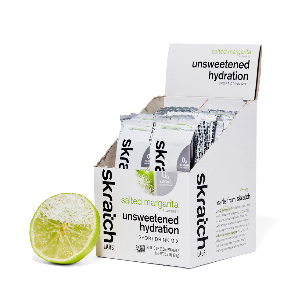 Skratch Labs unsweetened hydration bottle close-up, showing electrolyte-rich formula for workouts.
