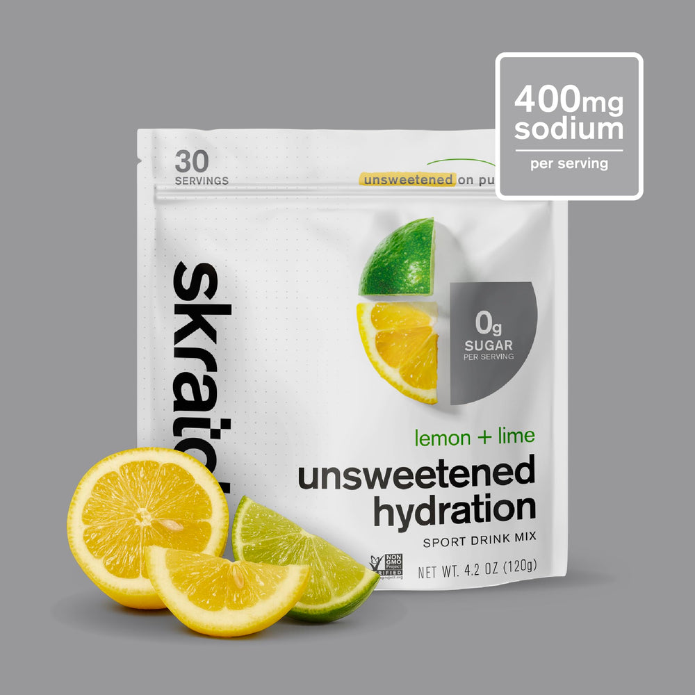 Skratch Labs Unsweetened Hydration mix powder closeup emphasizes citrus flavor without sugar