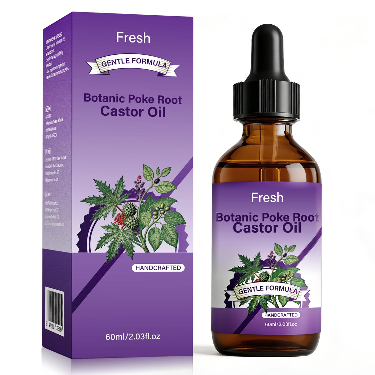 SKSOYT organic poke root and castor oil bottle for massage and skin care.