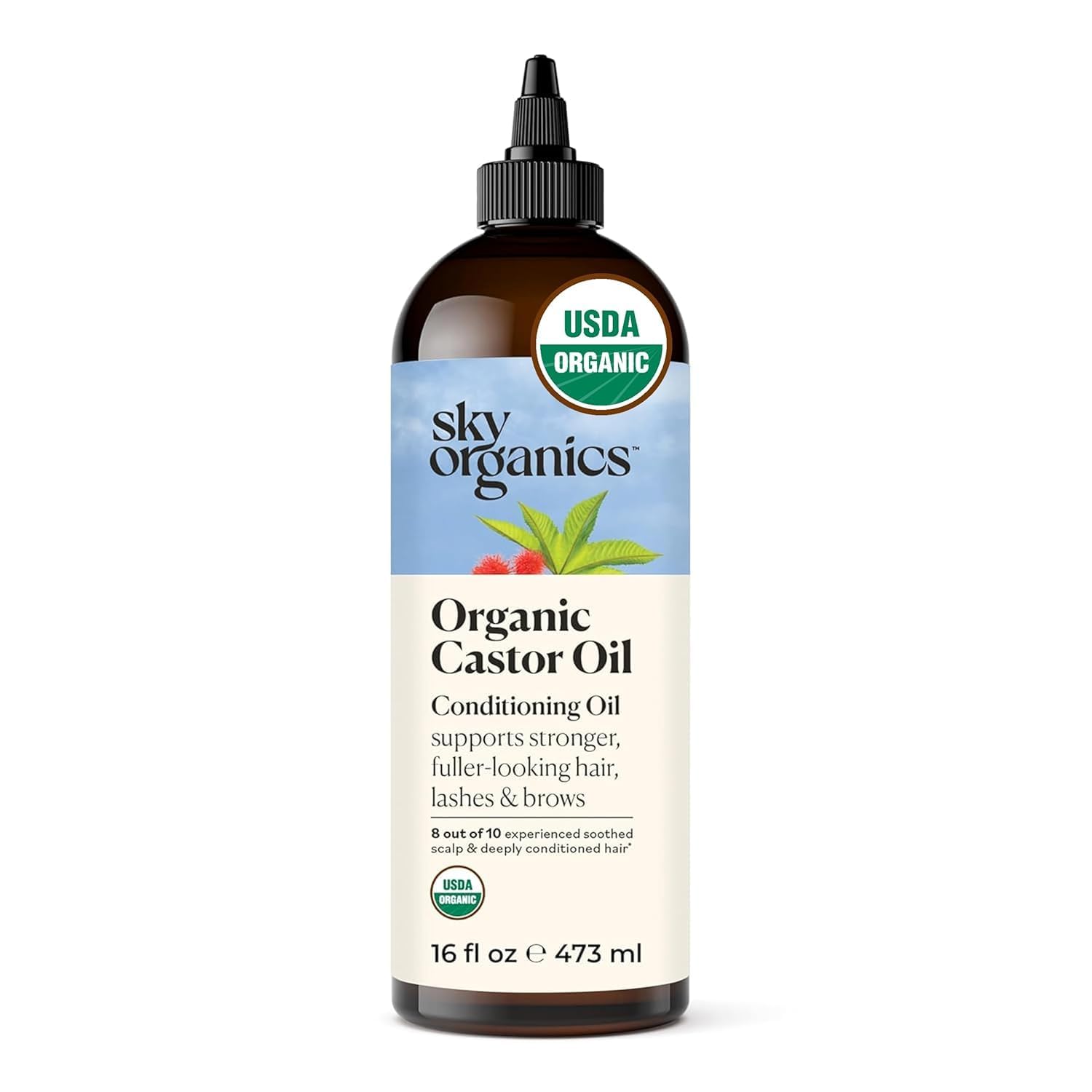 Sky Organics Castor Oil bottle for scalp nourishment and hair conditioning.