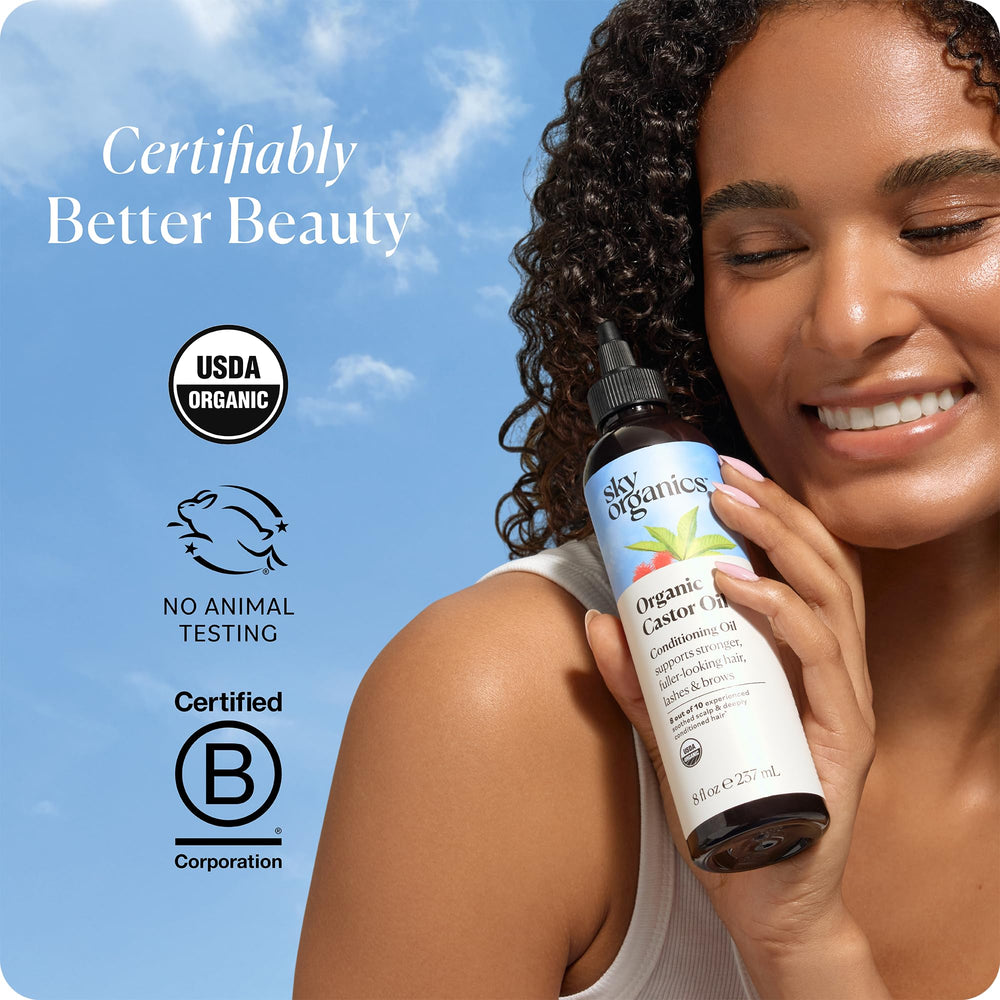 Omega-rich Sky Organics Castor Oil with fatty acids for hair care.