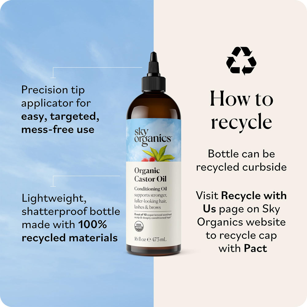 Unrefined, cold-pressed Sky Organics Castor Oil shown.