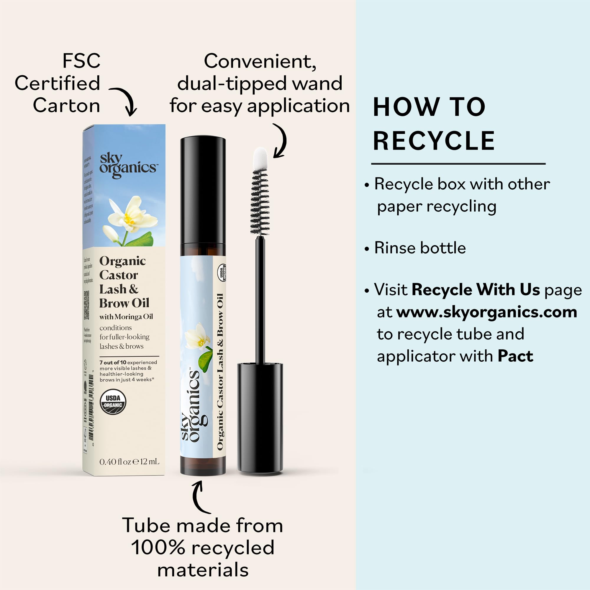 Sky Organics lash-brow oil close-up on eyelashes shows potential fullness.