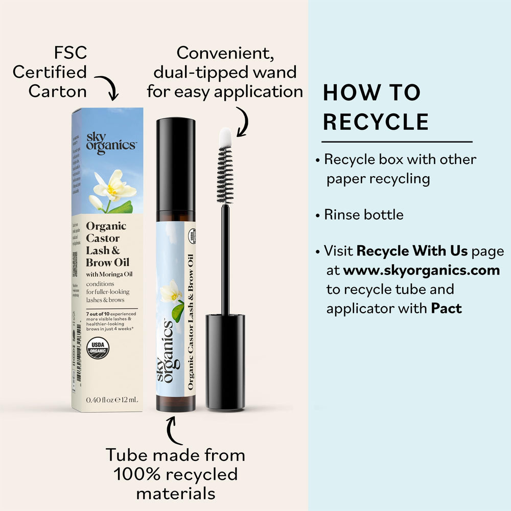 Sky Organics lash-brow oil close-up on eyelashes shows potential fullness.