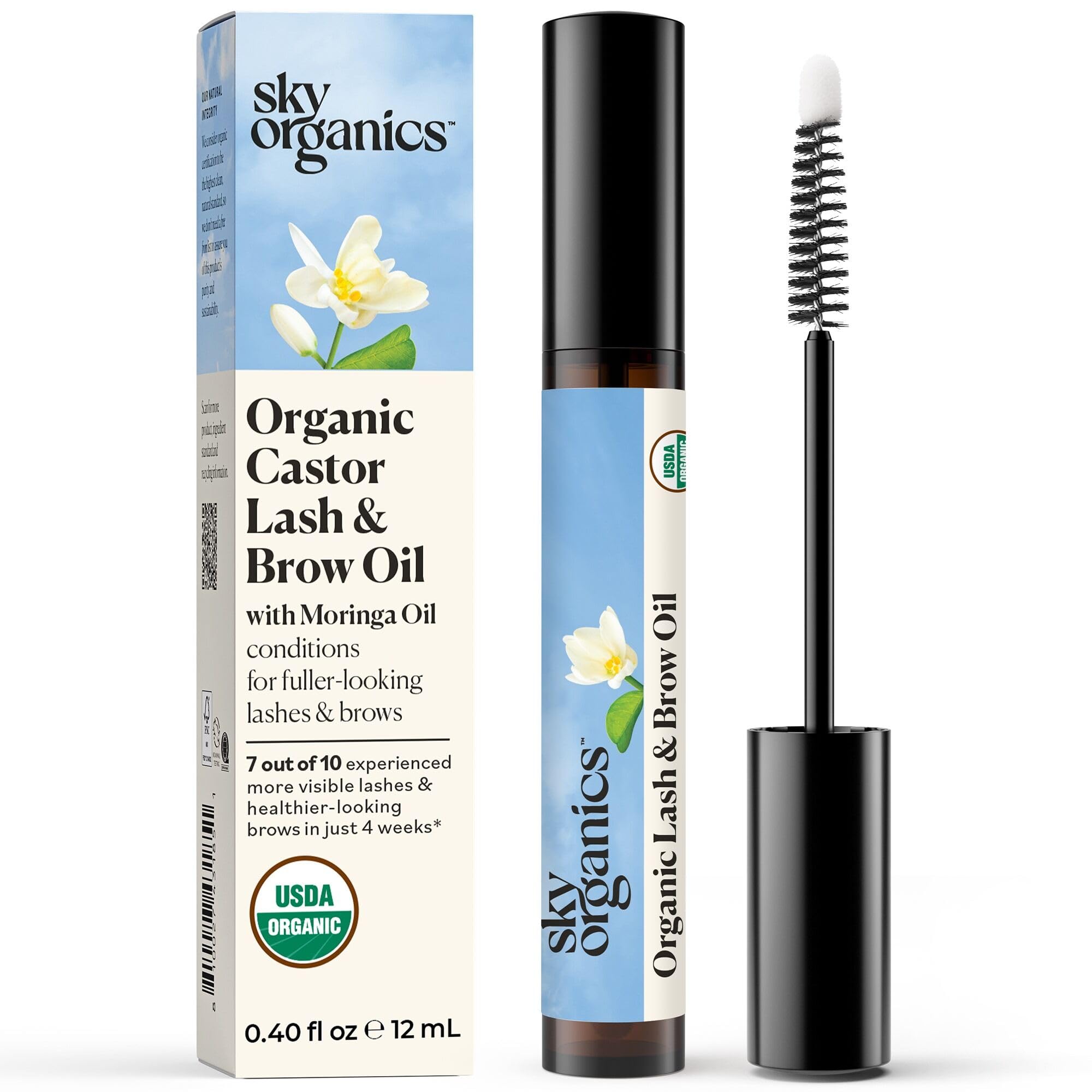 Sky Organics lash-brow oil bottle shows a botanical conditioning blend.