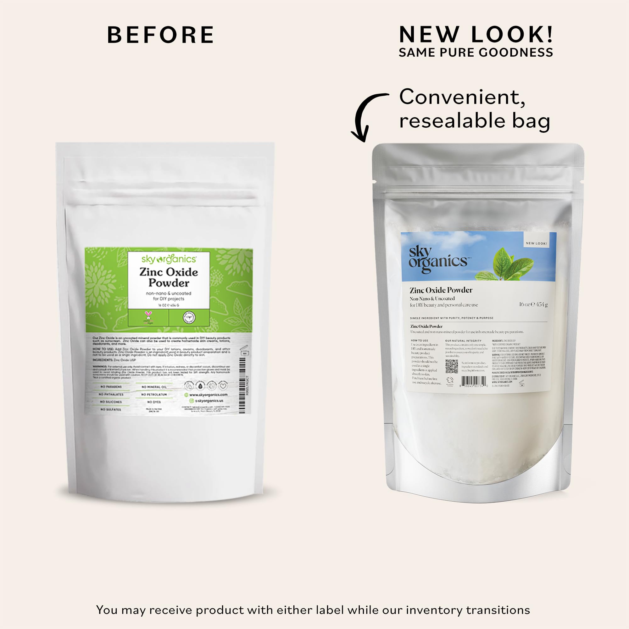 Sky Organics zinc oxide powder bag seal closeup highlighting purity
