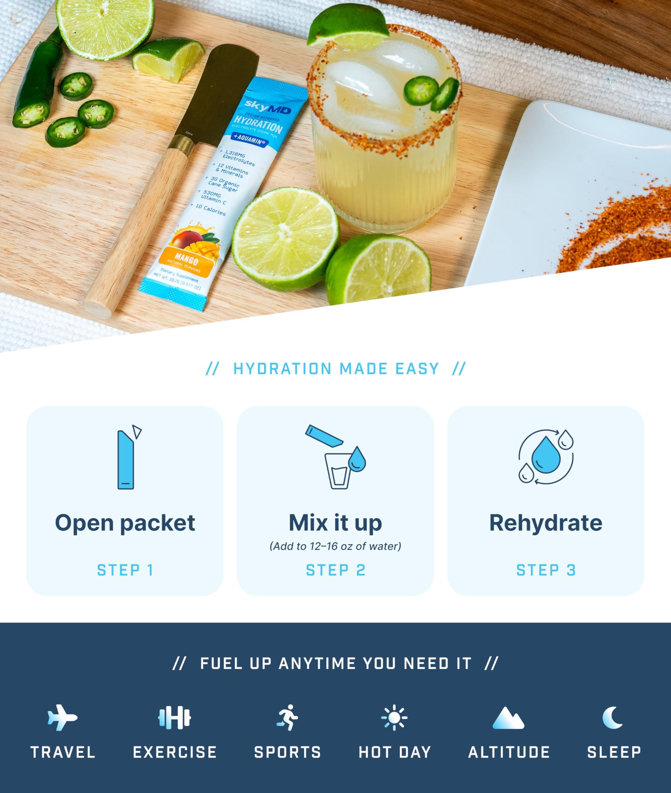 A ready SkyMD Daily Hydration mango drink after shaking