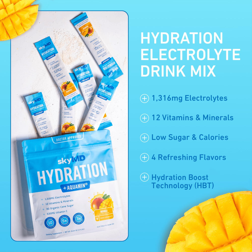 SkyMD Daily Hydration mango packet label highlighting six electrolytes and vitamins