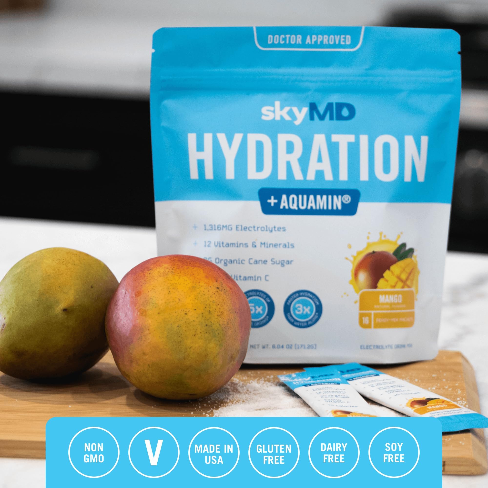 SkyMD Daily Hydration mango packets carried for travel and workouts
