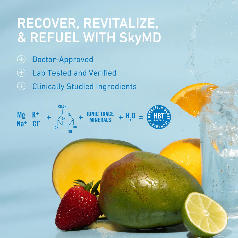 Individual SkyMD Daily Hydration mango sticks prepared for quick use