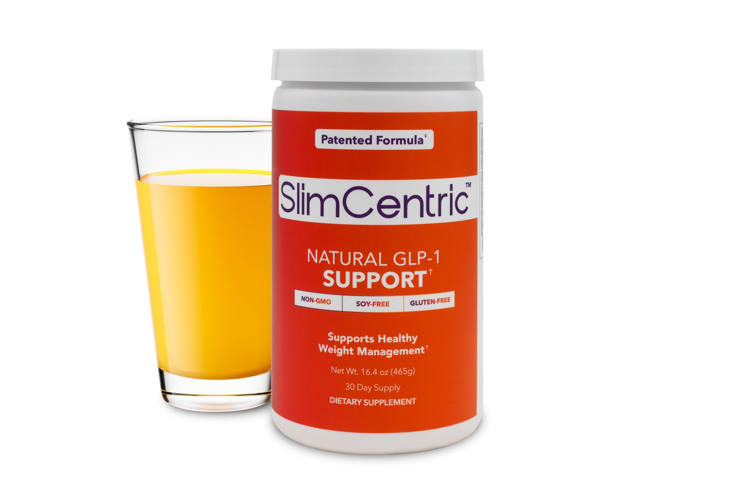 SlimCentric GLP-1 bottle front showing natural, non-GMO formula for daily metabolism support.