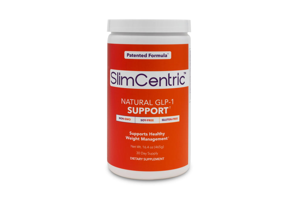 SlimCentric GLP-1 bottle with measuring spoon on kitchen counter.