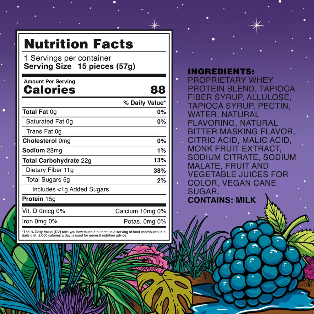 Nutrition panel shows 15g protein and 88 calories per pack