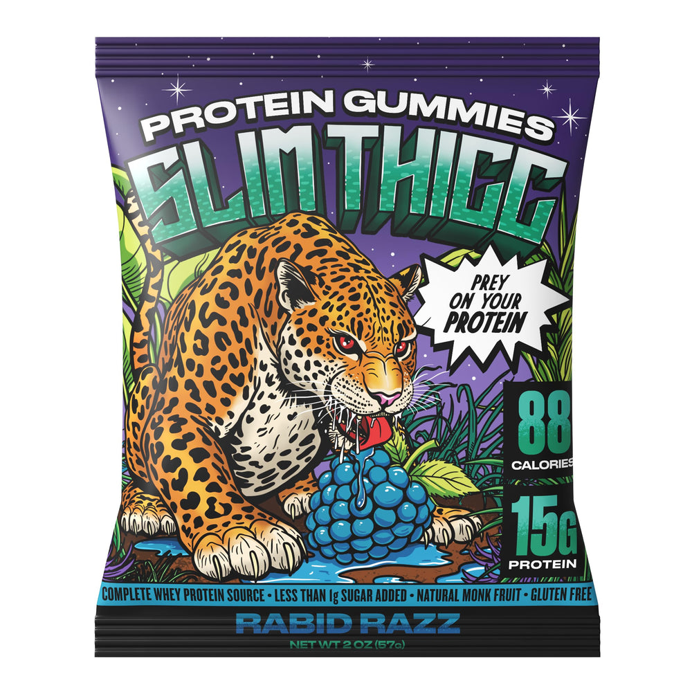 SlimThicc Rabid Razz gummies pack front for quick protein boost on the go