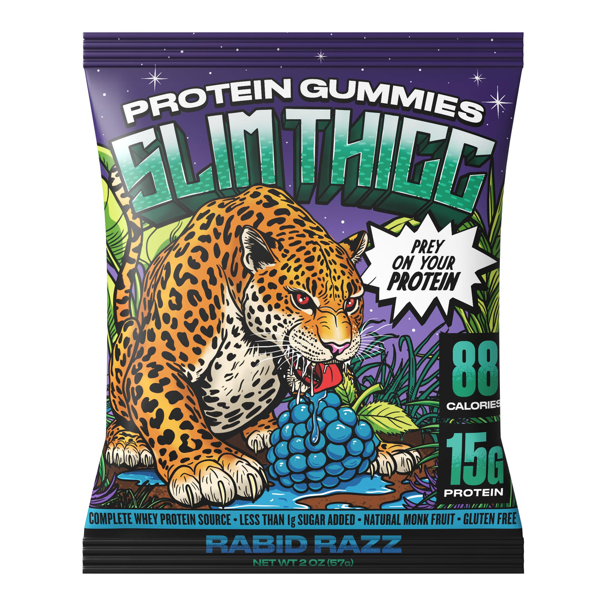 SlimThicc Rabid Razz gummies pack front for quick protein boost on the go