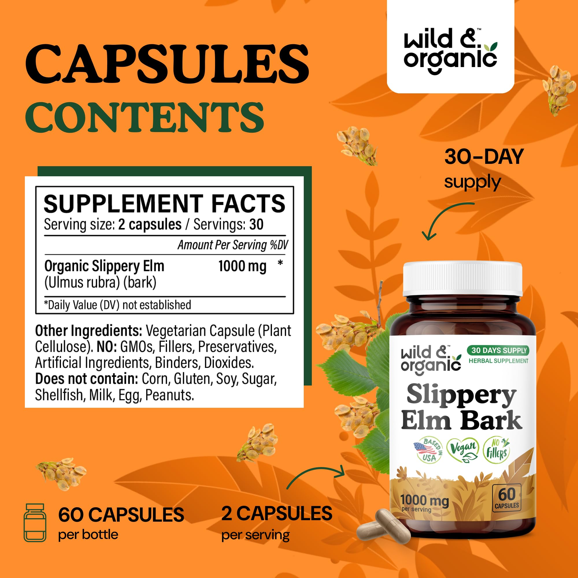 Wild & Organic slippery elm bark powder close-up highlights natural plant-based formula.