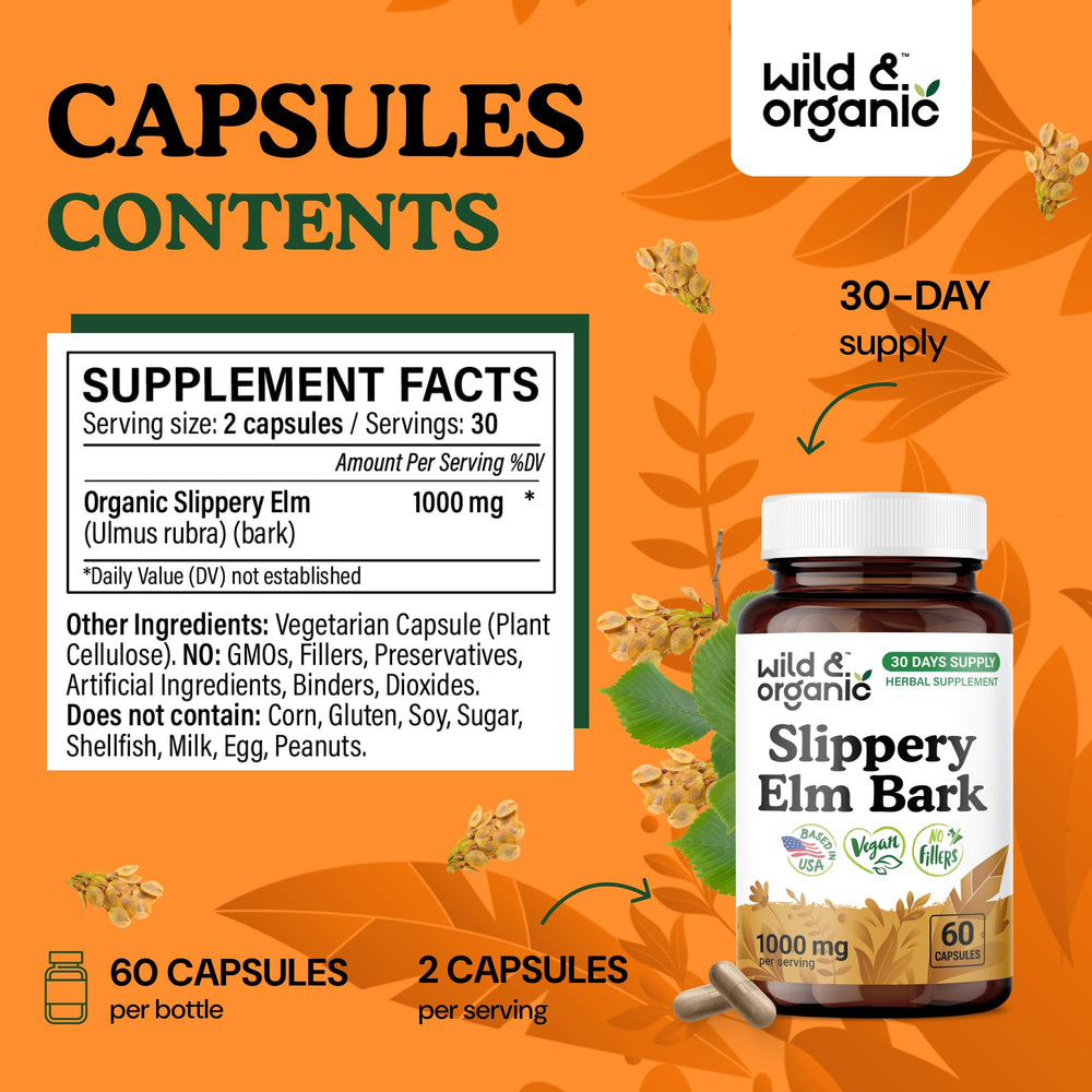 Wild & Organic slippery elm bark powder close-up highlights natural plant-based formula.