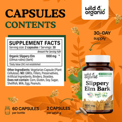 Wild & Organic slippery elm bark powder close-up highlights natural plant-based formula.