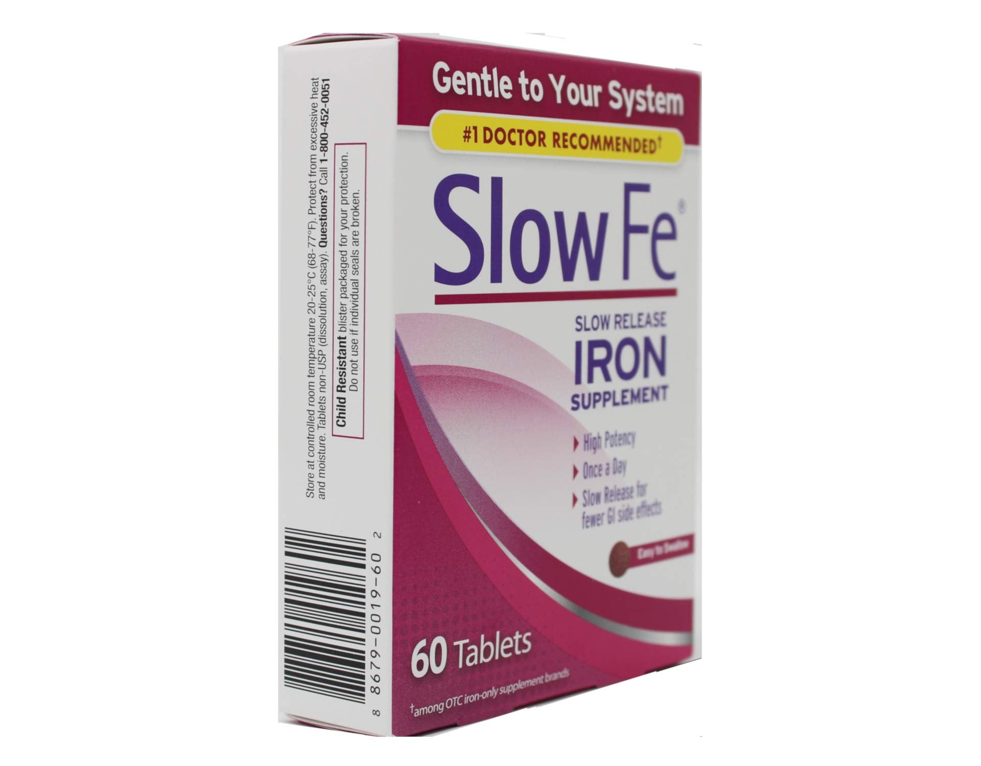 Slow Fe bottle label close-up highlighting ferrous sulfate and slow release.