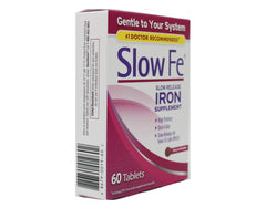 Slow Fe bottle label close-up highlighting ferrous sulfate and slow release.