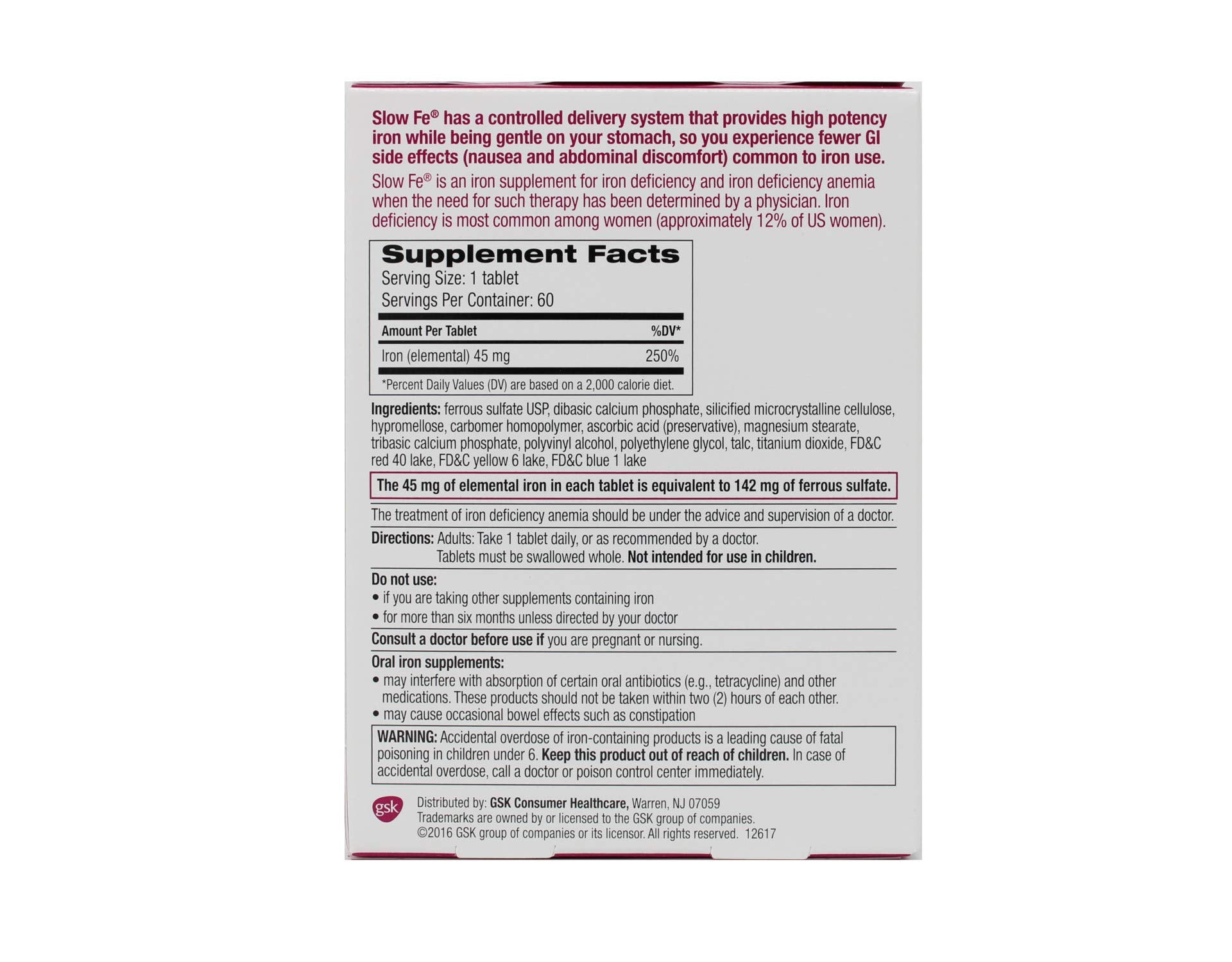 Slow Fe iron tablet side view showing slender profile for gentle daily intake.
