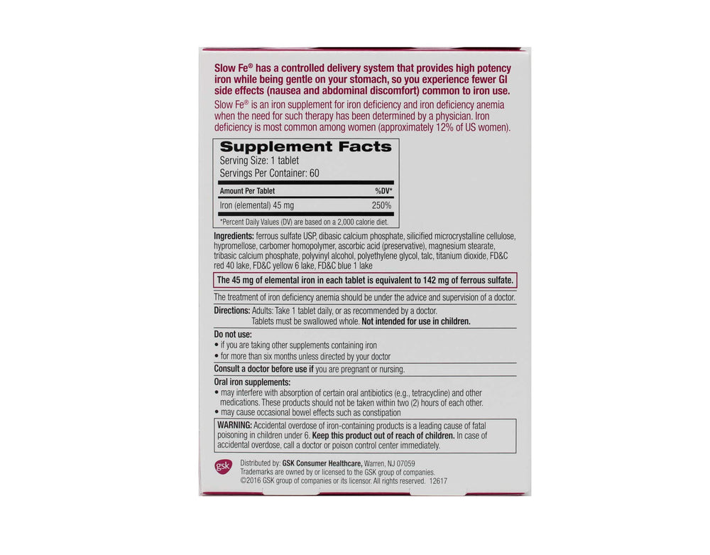 Slow Fe iron tablet side view showing slender profile for gentle daily intake.