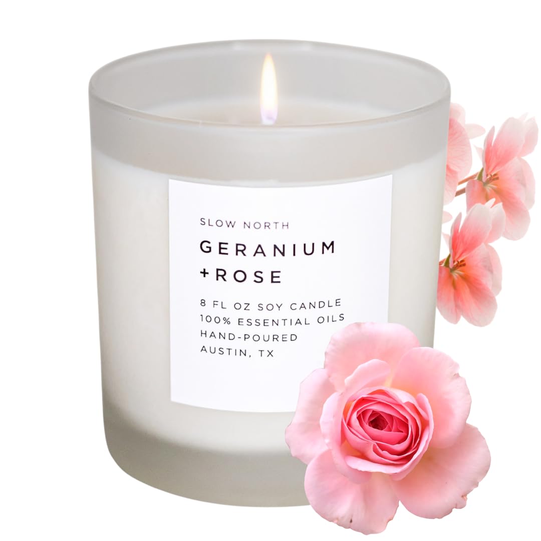 Slow North Geranium + Rose Candle in an 8 oz jar with a clean, floral aroma.