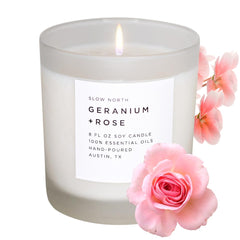 Slow North Geranium + Rose Candle in an 8 oz jar with a clean, floral aroma.