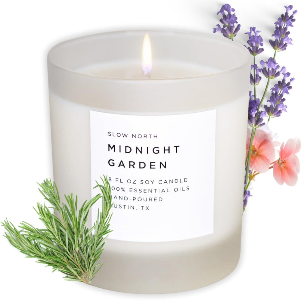 Slow North Midnight Garden candle in a frosted jar for calming evenings