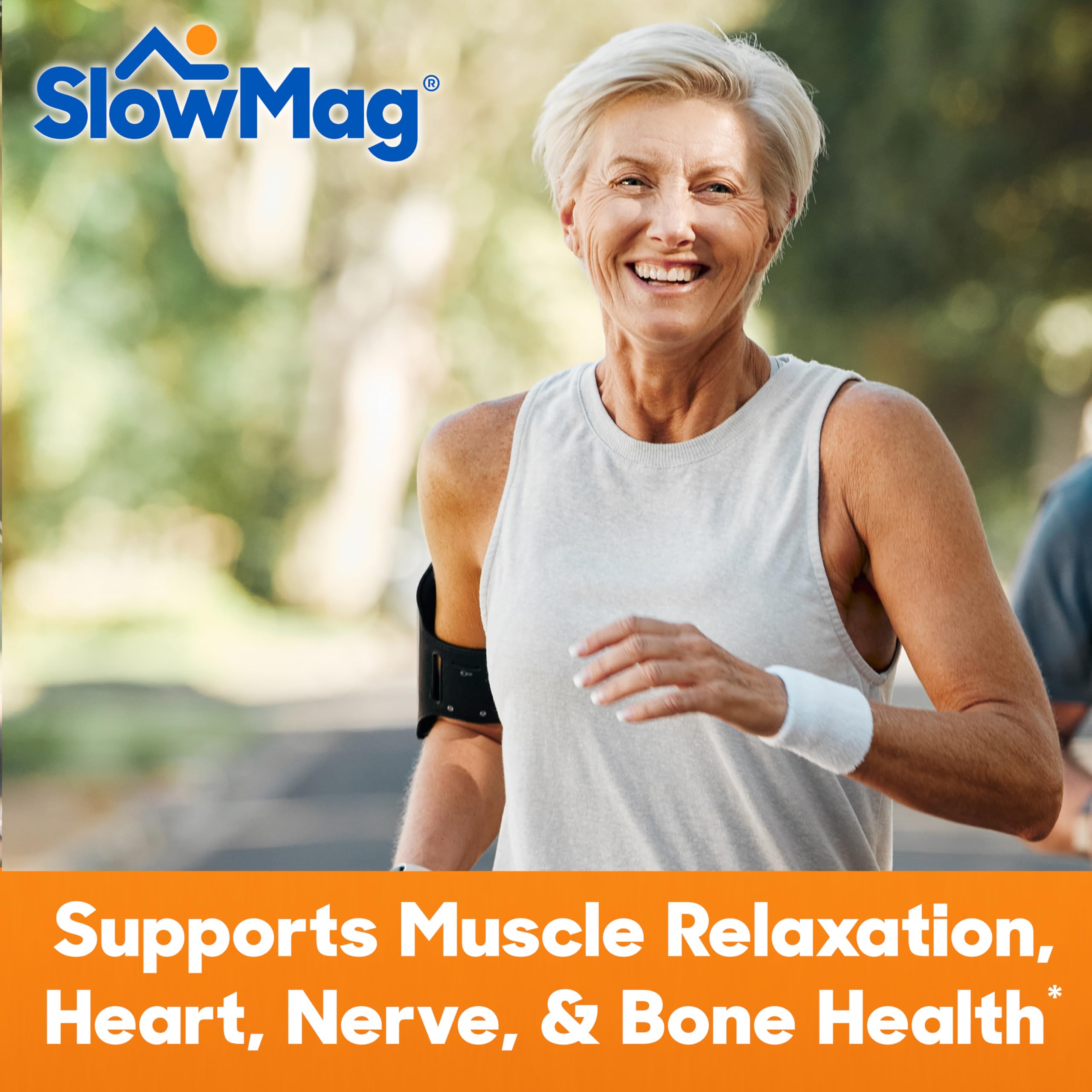 SlowMag bottle label noting calcium added for normal muscle function.