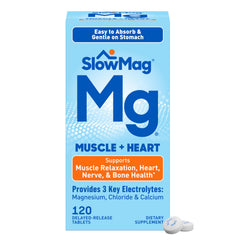 SlowMag bottle showing muscle and heart support tablets.