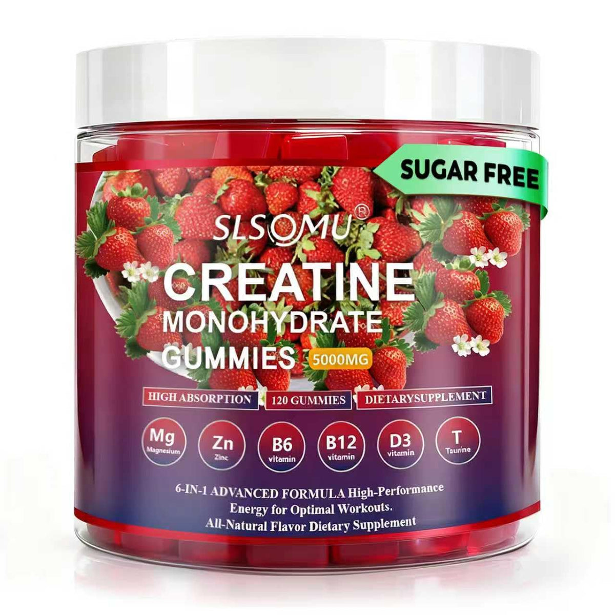 Slsomu Creatine Gummies for Women bottle with strawberry flavor for easy daily supplementation and energy support.