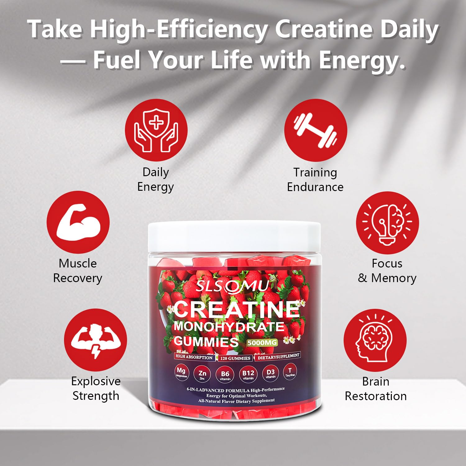 Slsomu Creatine Monohydrate Gummies taste shot emphasizes strawberry flavor.