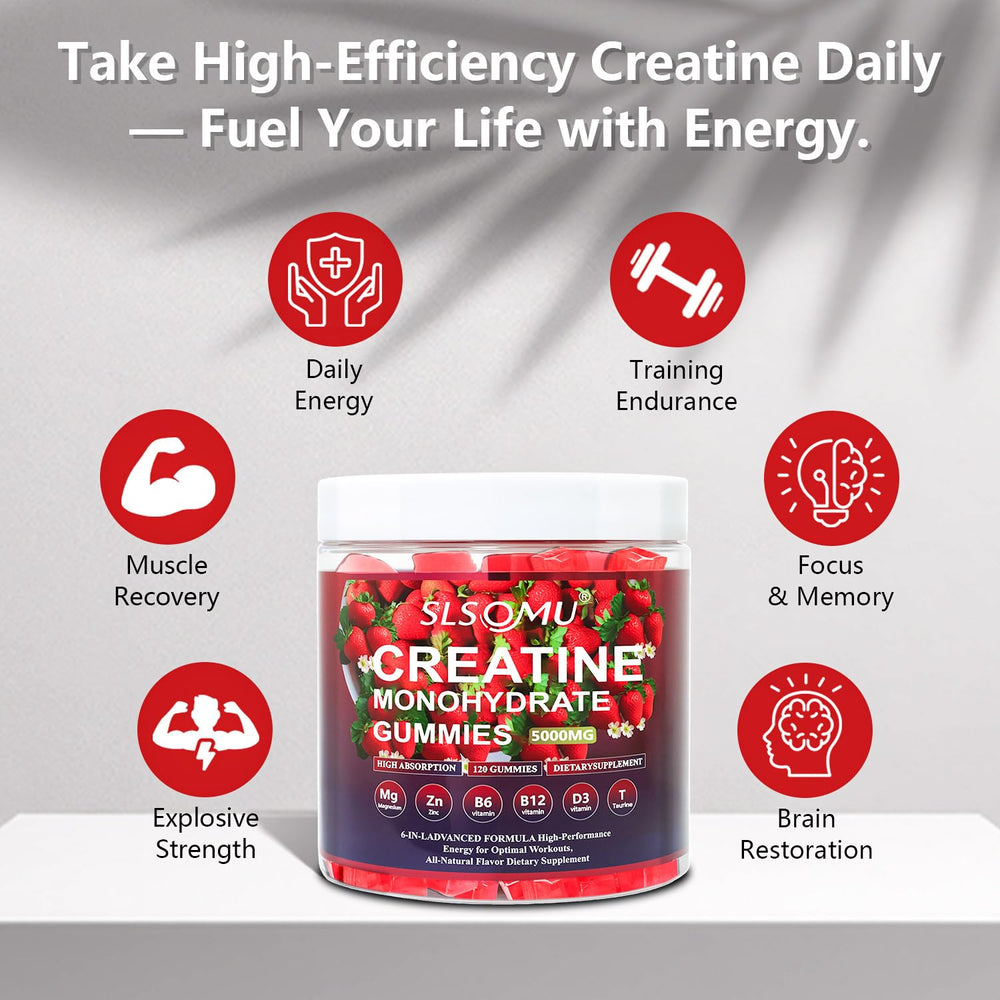 Slsomu Creatine Monohydrate Gummies taste shot emphasizes strawberry flavor.