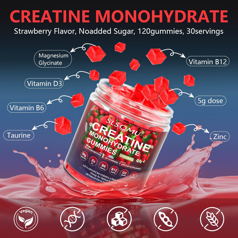 Slsomu Creatine Monohydrate Gummies vegan formula supports clean energy.