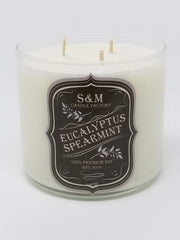 S&M Candle Factory eucalyptus spearmint 3-wick closeup highlighting strong fragrance for focused work.