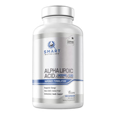 Smart Nutra Labs Alpha Lipoic Acid capsules closeup highlights vegan capsules and purity.