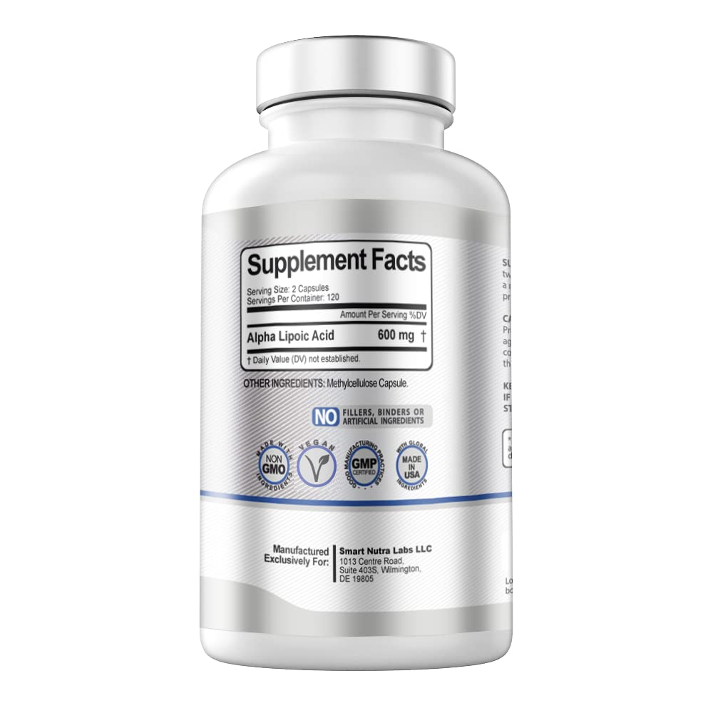 Smart Nutra Labs Alpha Lipoic Acid bottle dosage illustrates 600 mg per serving.