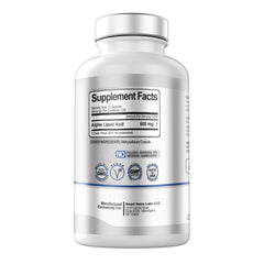 Smart Nutra Labs Alpha Lipoic Acid bottle dosage illustrates 600 mg per serving.
