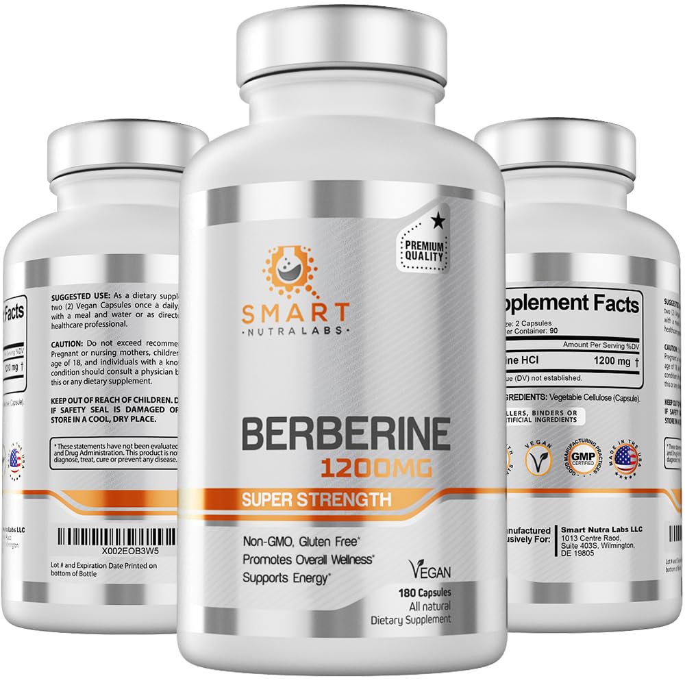 Smart Nutra Labs berberine 1200mg bottle, easy-to-swallow vegan capsules for daily wellness.