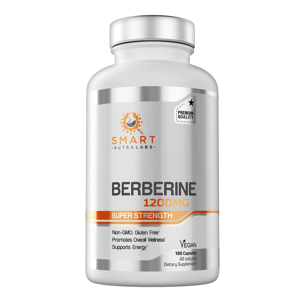 Smart Nutra Labs berberine capsules close-up, non-GMO and gluten-free formula.