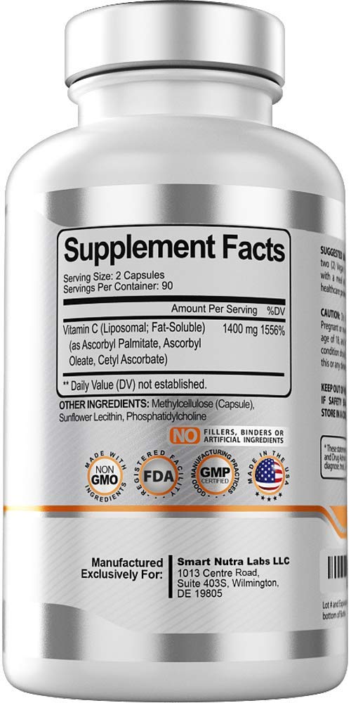 Smart Nutra Labs label highlights china-free, non-GMO vitamin C formula