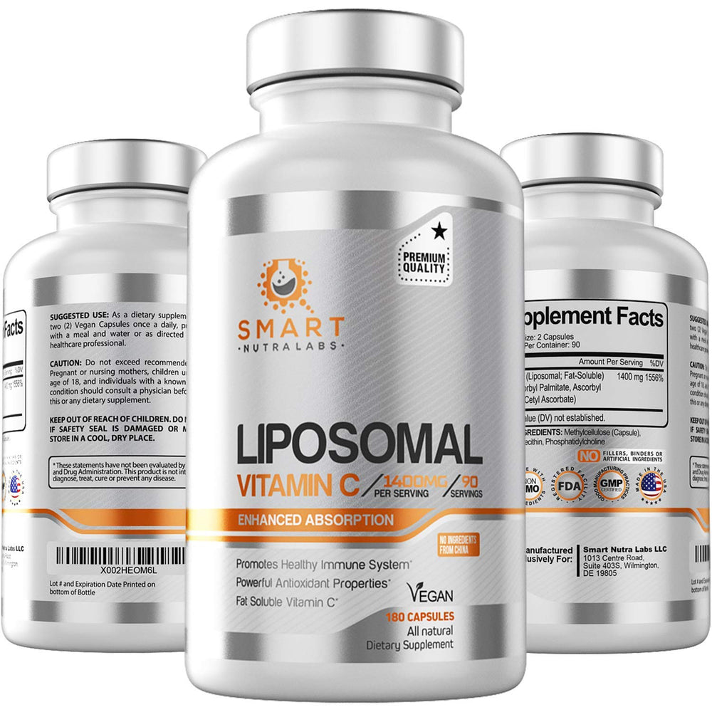 Smart Nutra Labs liposomal vitamin C bottle showing high-absorption capsules for immune support