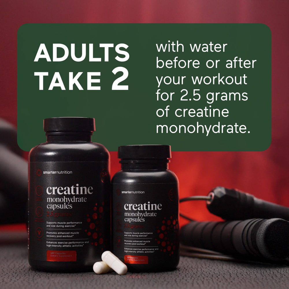 SMARTERNUTRITION creatine monohydrate 60-count bottle on shelf.