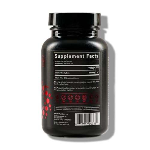 SMARTERNUTRITION creatine monohydrate label design with mg per serving detail.