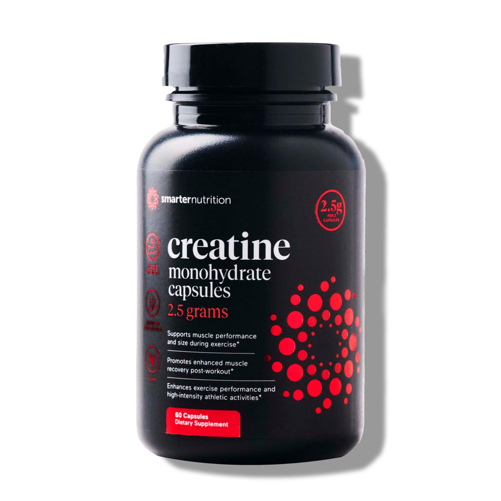 SMARTERNUTRITION creatine monohydrate pills bottle for pre- and post-workout support.