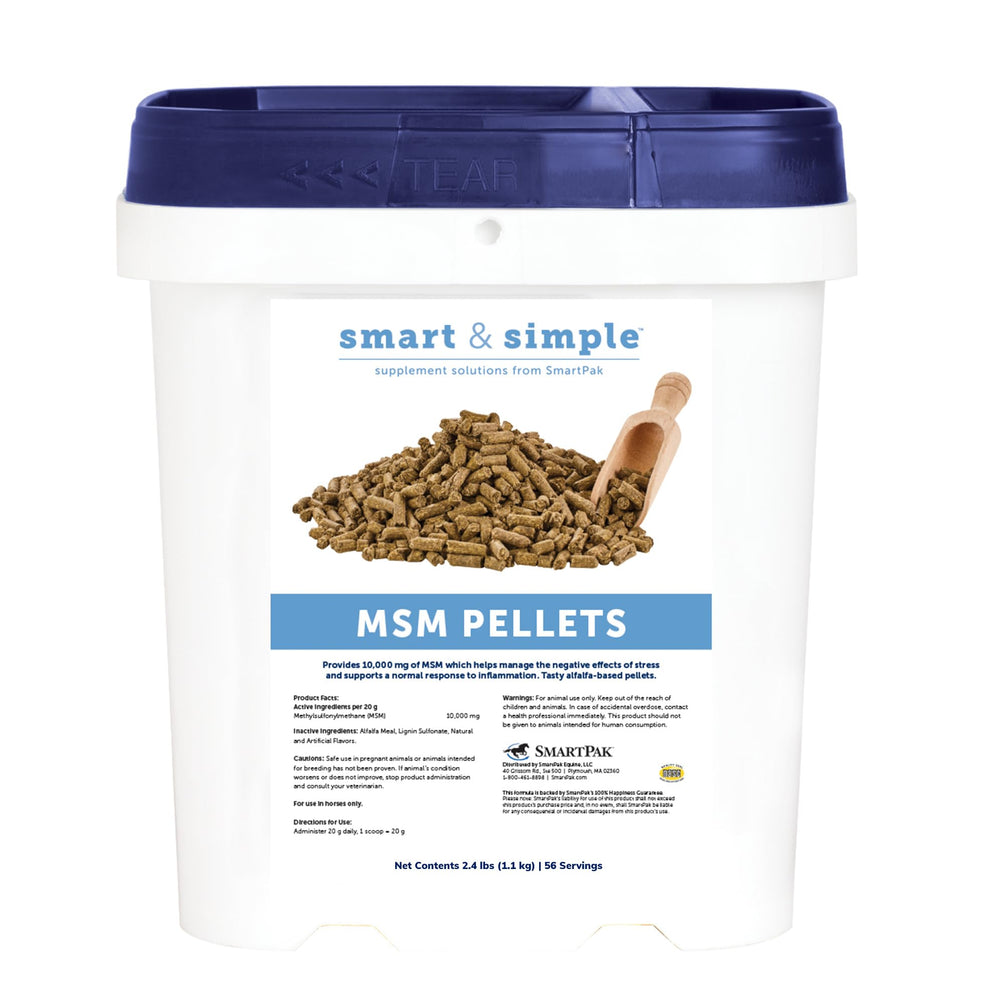 SmartEquine Smart & Simple MSM Pellets in bucket support daily mobility.