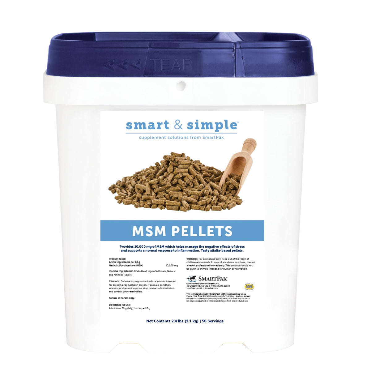 SmartEquine Smart & Simple MSM Pellets in bucket support daily mobility.
