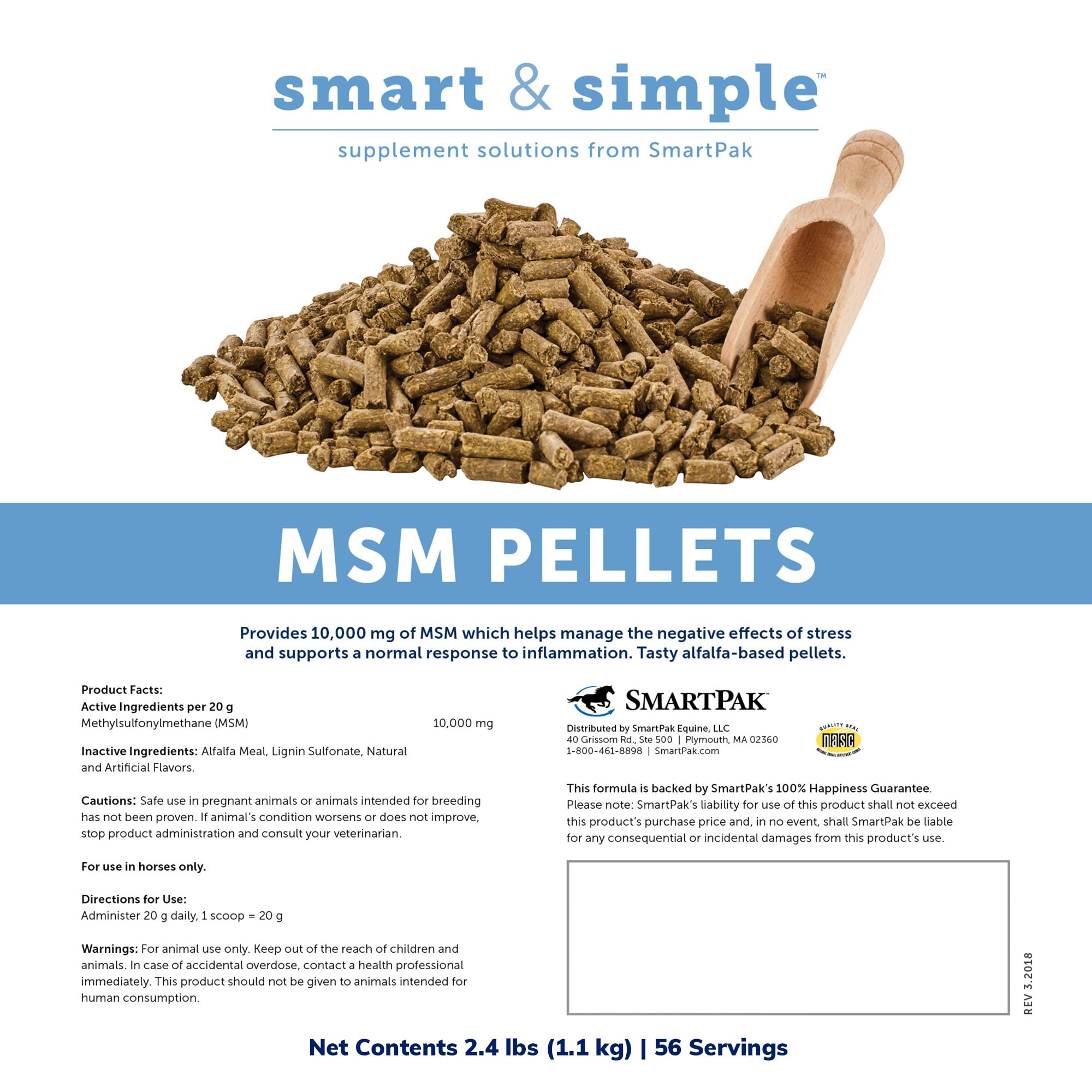 SmartEquine MSM Pellets label highlights a simple, targeted formula.