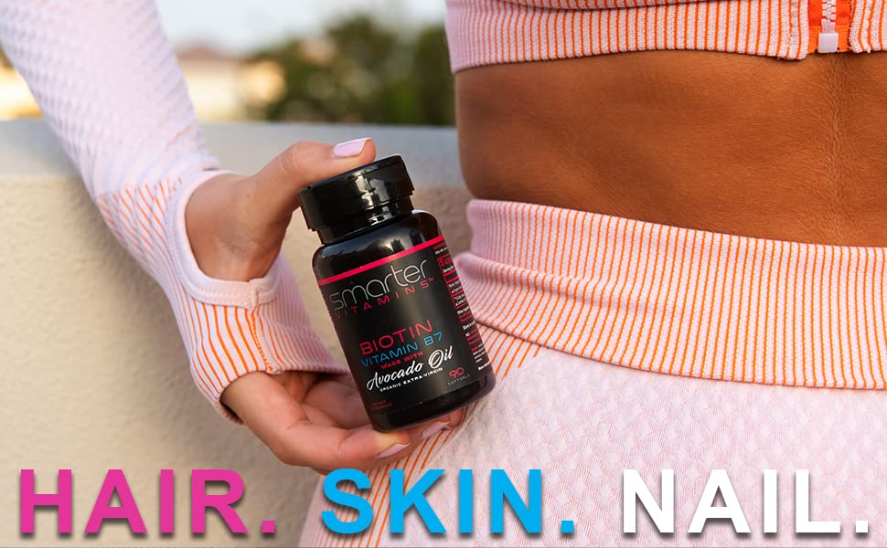 Nutrition panel shows non-GMO Biotin with avocado oil.